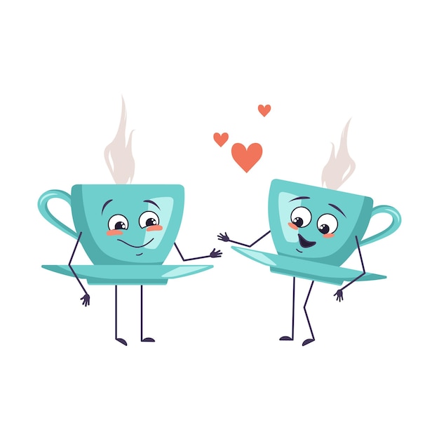 Jolie Tasse De Thé Avec Des émotions D'amour, Un Visage Souriant, Des Bras Et Des Jambes. Les Héros Drôles Ou Joyeux Avec Des Coeurs, Les Tasses Tombent Amoureux D'un Café. Télévision Illustration Vectorielle