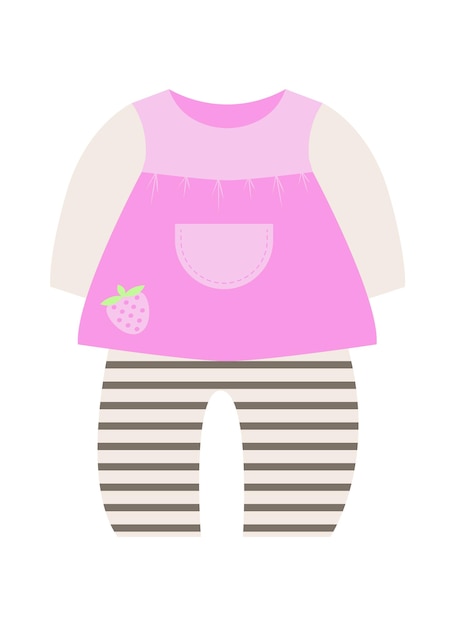 Vecteur jolie tenue pour bébé fille avec t-shirt rose à manches longues avec fraise et pantalon