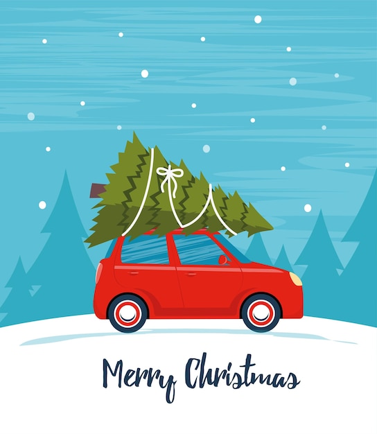 Jolie Voiture Rétro Rouge Avec Arbre De Noël Sur Le Toit Joyeux Noël Et Bonne Année Carte De Voeux