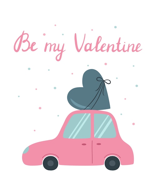 Jolie Voiture Rose Avec Un Coeur Sur Le Toit Carte De Voeux En Style Cartoon