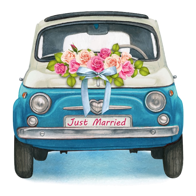 Jolie Voiture Vintage Brillante Aquarelle Bleu Et Blanc, Jour Du Mariage