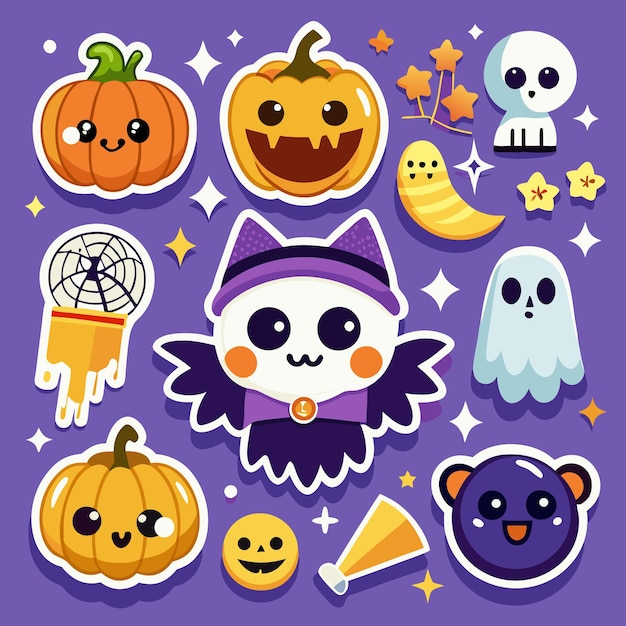 Jolies autocollants d'Halloween avec des citrouilles des chauves-souris des fantômes et des étoiles sur un fond violet