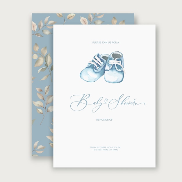 Vecteur jolies cartes d'invitation à l'aquarelle pour bébé et enfants célébration de nouveau-né avec des chaussures pour bébé