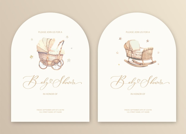 Jolies Cartes D'invitation à L'aquarelle Pour Bébés Et Bébés Nouvellement Nés Avec Une Poussette Pour Bébés