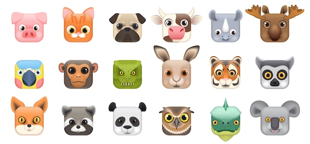 Les jolies faces des animaux de la forêt et de la ferme mettent en place des icônes de forme carrée des têtes drôles de personnages