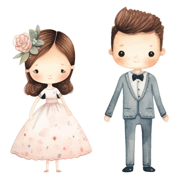 Jolies Illustrations De Mariage Enfantines Dessinées à L'aquarelle Sur Fond Blanc