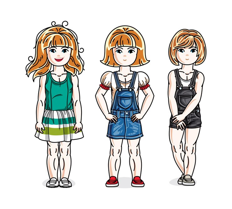 Vecteur de jolies petites filles dans des vêtements décontractés élégants. des illustrations pour enfants vectorielles. des dessins animés sur l'enfance et le style de vie en famille.
