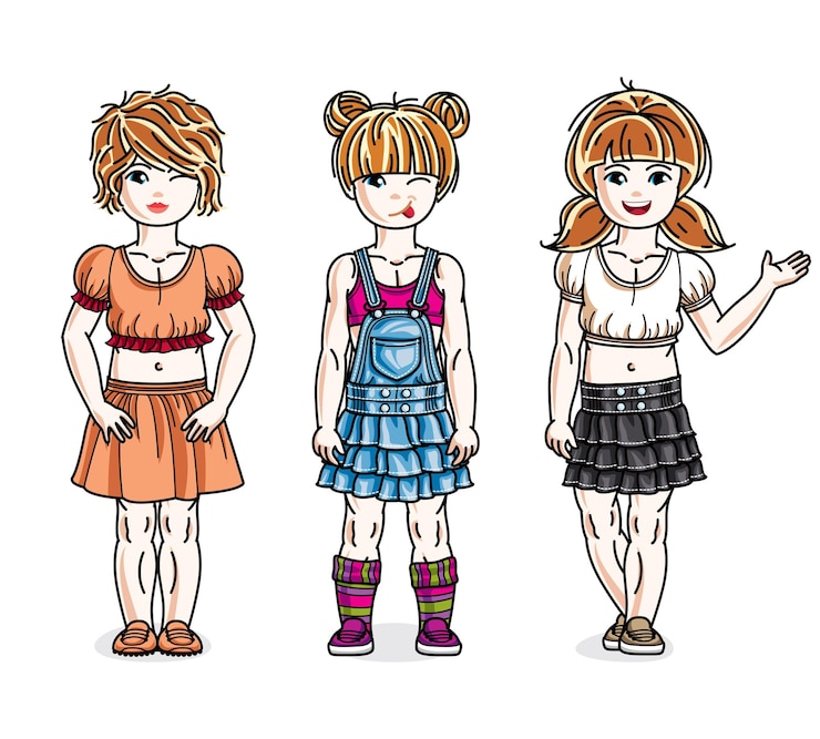 Vecteur de jolies petites filles qui portent des vêtements décontractés.