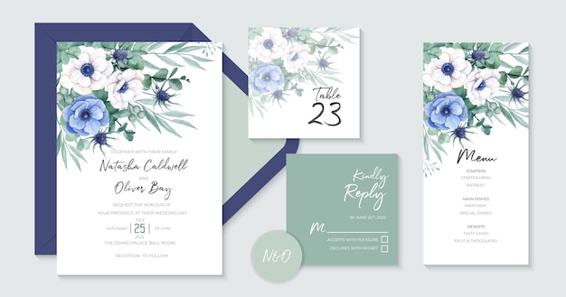Vecteur jolis modèles d'invitation de mariage avec de belles fleurs d'anémone blanche et bleue