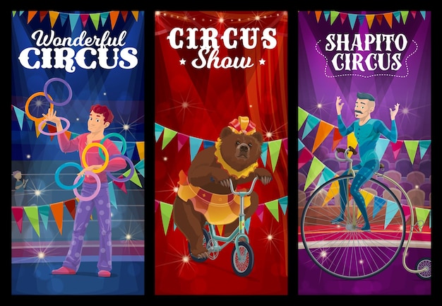 Vecteur jongleur de cirque shapito, ours et acrobate entraînés