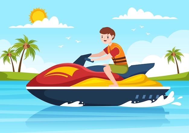 Jouer au bateau banane et aux vacances en jet ski sur la mer dans les activités de plage Illustration dessinée à la main