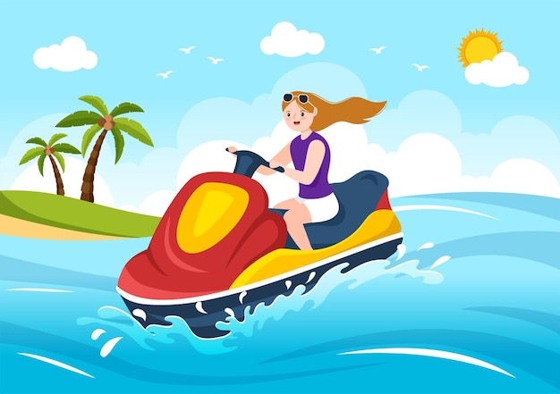 Jouer Au Bateau Banane Et Aux Vacances En Jet Ski Sur La Mer Dans Les Activités De Plage Illustration Dessinée à La Main