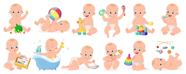 Jouer Aux Bébés. Mignon Bébé Garçon Ou Fille Jouant Avec Un Jeu D'illustrations Vectorielles Ballon, Pyramide Et Bateau. Activité Joyeuse Des Bébés En Bas âge. Jeu De Dessin Animé Pour Bébé Fille Et Garçon Et Actif Avec Ballon