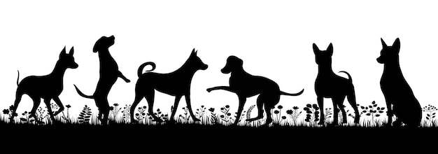 Jouer La Silhouette De Chiens Sur Fond Blanc Vecteur Isolé