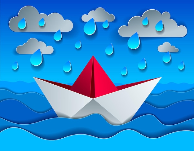 Vecteur jouet de bateau en papier origami nageant sous la pluie au-dessus de l'océan, vagues sinueuses de la mer et nuages dans le ciel, belle illustration vectorielle en style papier découpé.