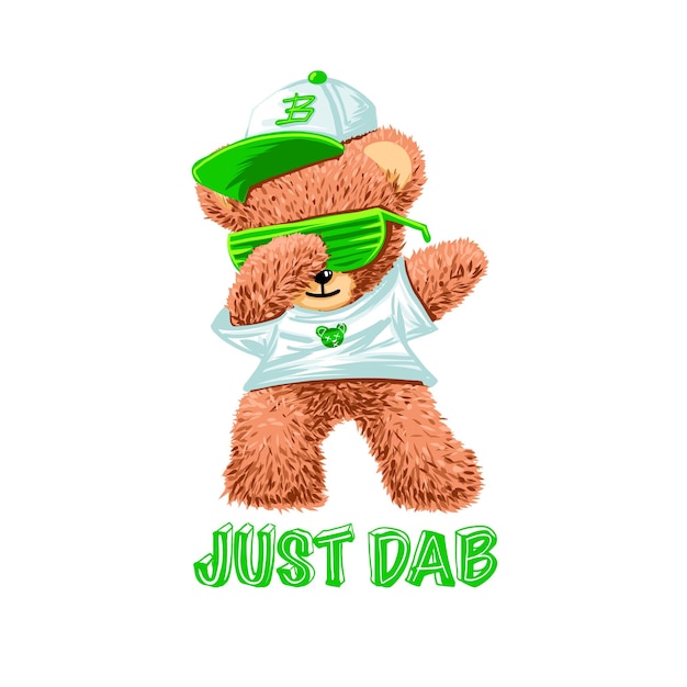 Jouet ours en peluche rétro avec lunettes de soleil et chapeau sur le thème vert pour l'illustration vectorielle de conception d'impression de t-shirt et le slogan Just dab Pop ou concept de musique hip hop