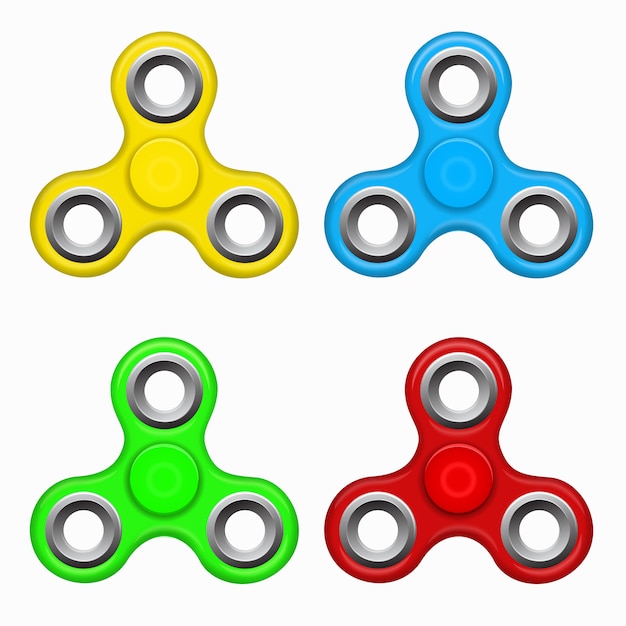 Vecteur jouet spinner main fidget - soulagement du stress et de l'anxiété jaune, rouge fileur coloré bleu, vert. jouet pour enfant moderne - jaune, rouge. fileur bleu, vert.