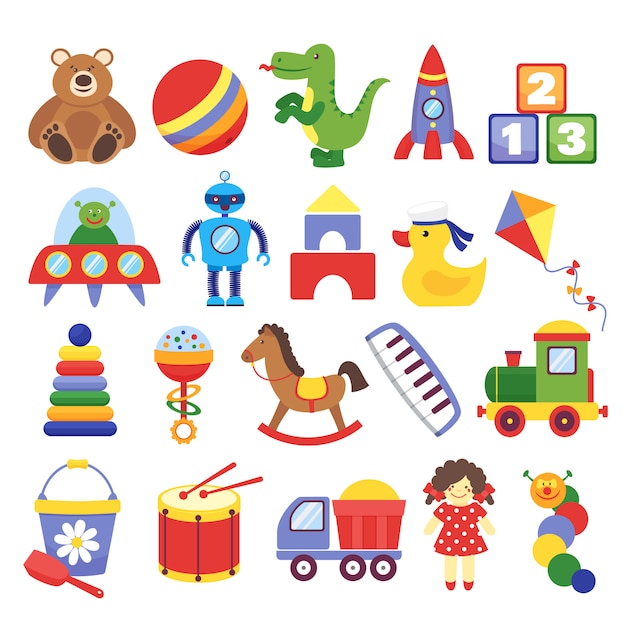 Jouets De Dessin Animé. Jouet De Jeu Ours En Peluche Dinosaure Fusée Cubes Pour Enfants Kite Robot. Vecteur De Poupées Enfants