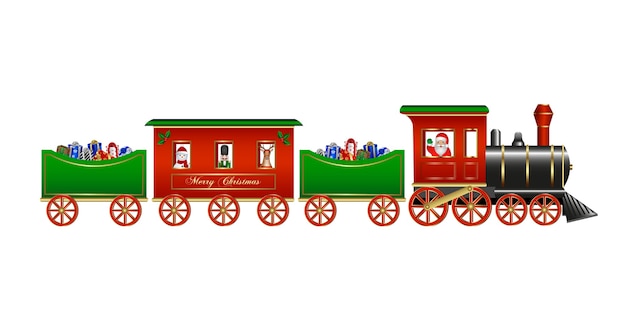 Vecteur jouets de noël train isolé avec coffrets cadeaux du père noël et personnages de noël