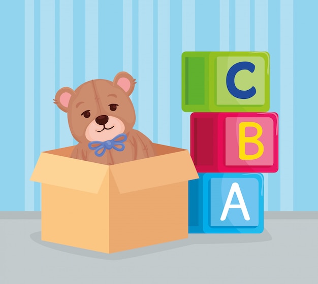 Vecteur jouets pour enfants, cubes alphabet avec ours en peluche en boîte