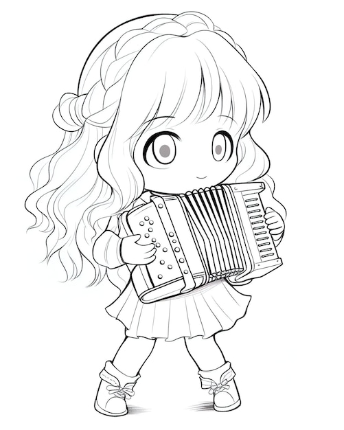 Joueur d'accordéon kawaii noir et blanc Meilleur dessin à la main Livre coloré EPS