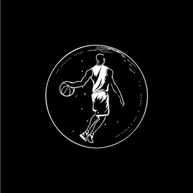 Joueur De Basket-ball Emblème Blanc Dribble Avec Balle Action Joueur Icône Logo Modèle Main Dessin Tatouage Croquis Silhouette Sur Fond Noir Illustration Vectorielle
