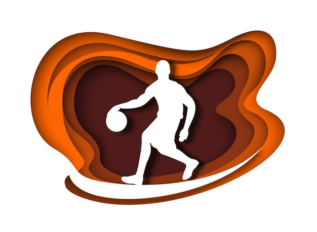 Joueur De Basket-ball Avec Illustration Vectorielle De Balle Silhouette Dans L'athlète Professionnel De Style Art Papier B...