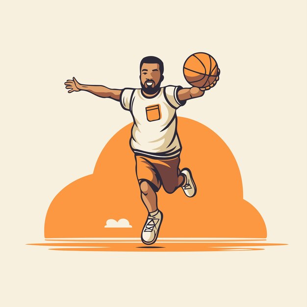 Vecteur joueur de basket-ball sautant avec la balle illustration vectorielle dans le style rétro