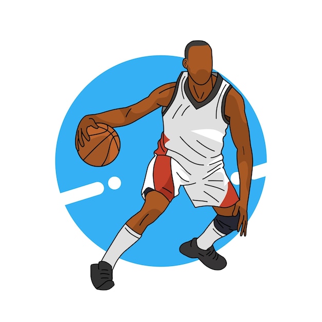 Vecteur joueur de basket-ball sautant avec l'illustration vectorielle de balle avec fond bleu