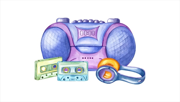 Vecteur joueur boombox deux cassettes audio et écouteurs enregistreur de cassette écouteur pour écouter de la musique rétro des années 90 style des années 2000 liste de lecture de son de musique accessoires audio illustration à l'aquarelle