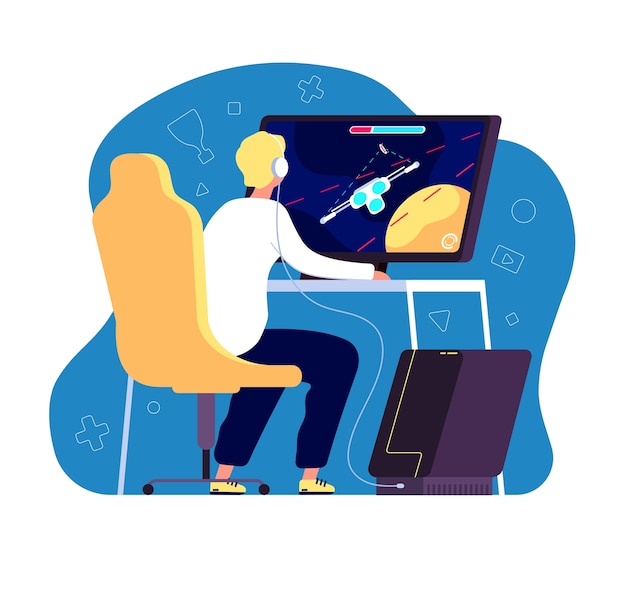 Joueur de cyber-sport. Événement professionnel de tournoi de sport électronique, joueur à l'ordinateur avec diffusion en direct de jeu vidéo sur moniteur