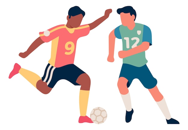 Joueur de football donnant un coup de pied au ballon devant un autre membre de l'équipe. Tentative de tir isolé sur fond blanc