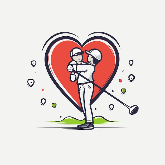 Vecteur joueur de golf avec un club et une illustration vectorielle de cœur rouge