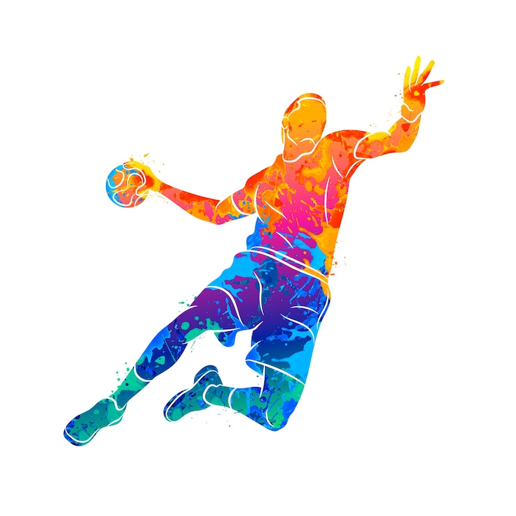 Vecteur joueur de handball abstrait sautant avec le ballon d'éclaboussure d'aquarelles. illustration de peintures