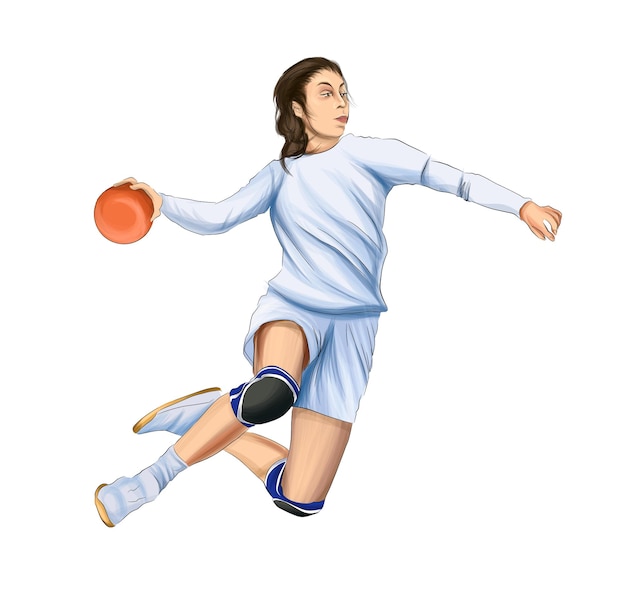 Vecteur joueur de handball de fille sautant avec le dessin réaliste de couleur de boule illustration vectorielle de peintures