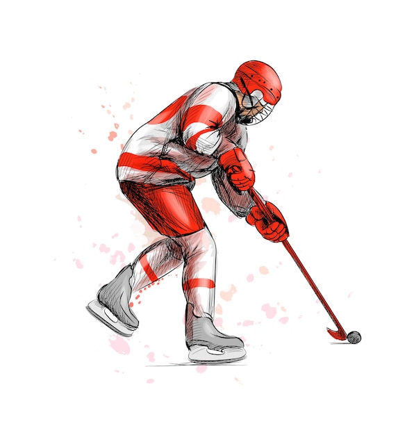 Joueur De Hockey Abstrait D'éclaboussure D'aquarelles. Croquis Dessiné à La Main. Sport D'hiver. Illustration De Peintures