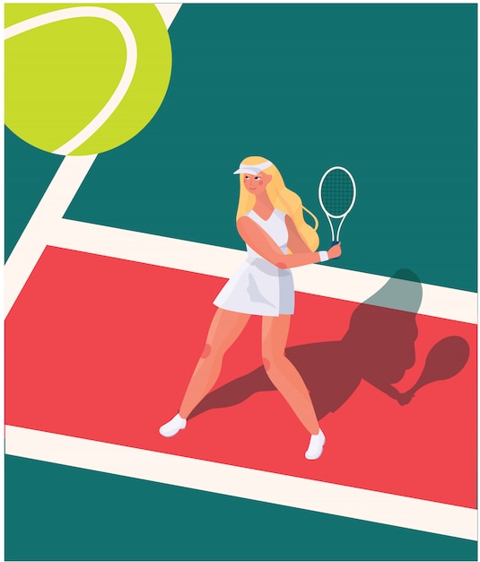 Vecteur joueur d'illustration vectorielle joue au tennis, jolie fille mignonne avec raquette