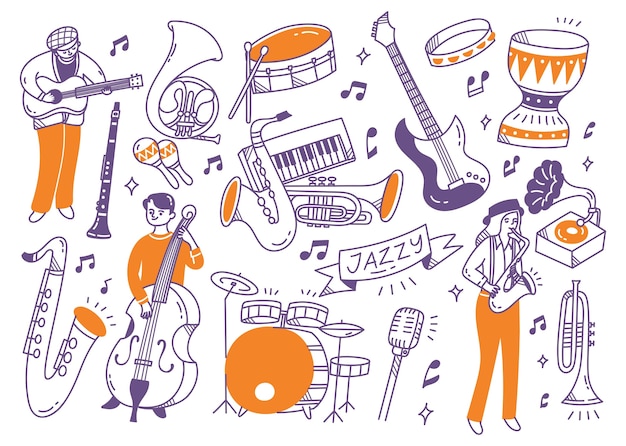 Joueur De Musique Jazz Et Les Instruments Doodle