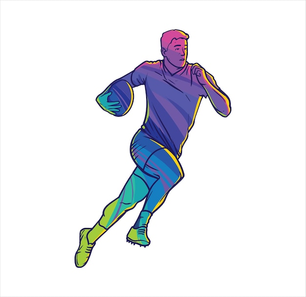 Joueur de rugby courant avec le mouvement d'action de la balle vecteur coloré détaillé