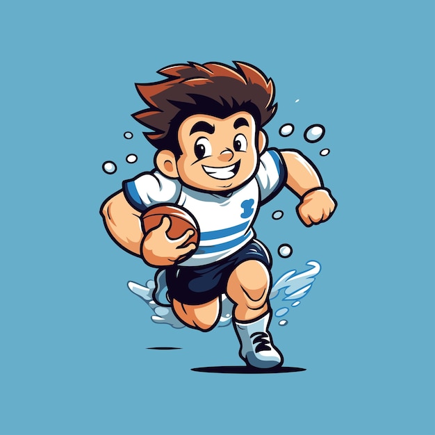 Joueur De Rugby De Dessin Animé Courant Avec Une Balle Illustration Vectorielle Isolée Sur Fond Bleu