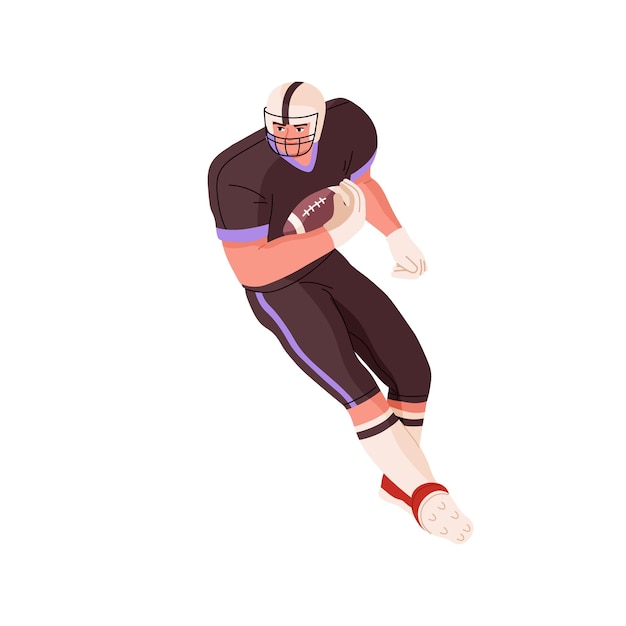 Joueur De Rugby Tenant Le Ballon Attrapé Dans La Main Et S'enfuyant Athlète De Football Américain En Casque Et Uniforme De Sport Homme Jouant Au Jeu Actif Illustration Vectorielle Plane Isolée Sur Fond Blanc