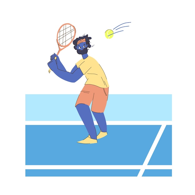 Vecteur joueur de tennis avec une raquette dans un t-shirt jaune sur le terrain avec une raquette et une balle de tennis.