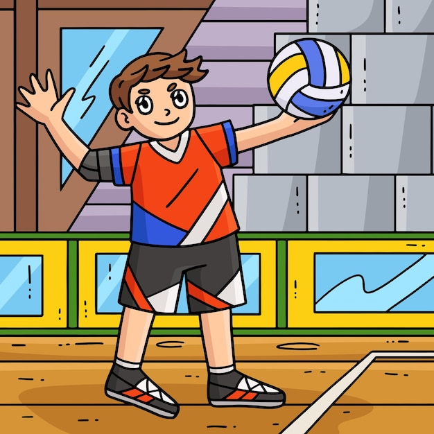 Joueur de volley-ball servant le ballon dessin animé en couleurs