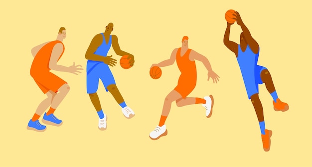 Vecteur joueurs de basket-ball en uniformes orange et bleus dans différentes poses