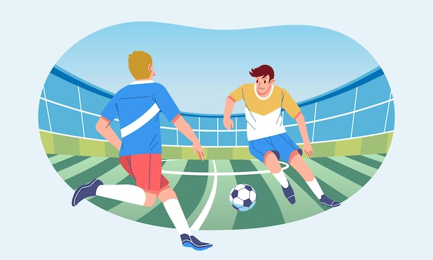 Joueurs De Football D'action Se Battant Pour Le Ballon Sur Le Concept D'illustration Vectorielle Plane Du Terrain Du Stade