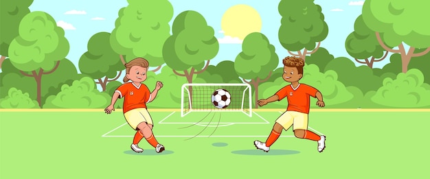 Vecteur joueurs de football adolescents coups de pied ballon de football vert terrain de football fond vecteur plat dessin animé