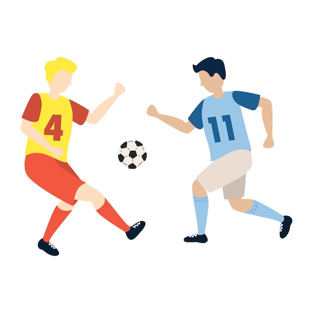 Des joueurs de football frappant des personnages de balle deux garçons illustration vectorielle de dessin animé plat isolée sur blanc