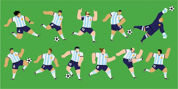 Vecteur joueurs de football masculins isolés portant les couleurs de l'équipe nationale d'argentine. 11 positions uniques différentes. illustration modifiable.