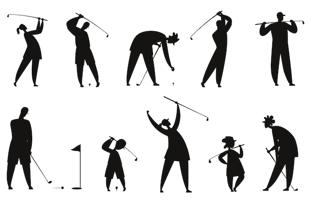 Joueurs De Golf Avec Des Clubs Enfants Jouant Au Golf Golfeurs Frappant La Balle Isolées Silhouettes Vectorielles