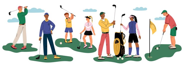 Joueurs de golf personnages de dessins animés golfeurs personnes avec des clubs et des balles athlètes professionnels et amateurs Marquer dans le trou avec drapeau Sportifs poses Loisirs en plein air Vector Garish